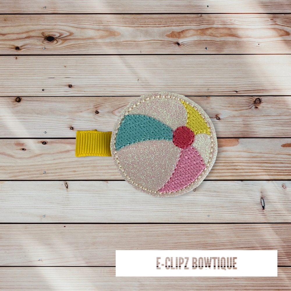 New beach ball glitter vinyl applique on yellow ribbon lined hair clip